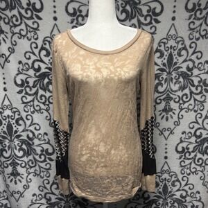 00s/Y2K BKE Tan Floral Burnout Long Sleeve Top XL Sequin Elbow Patches